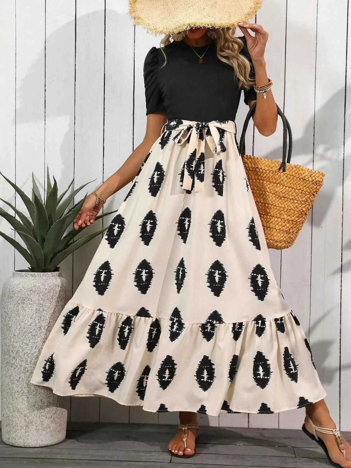 Printed Tie Waist Short Sleeve Maxi Dress