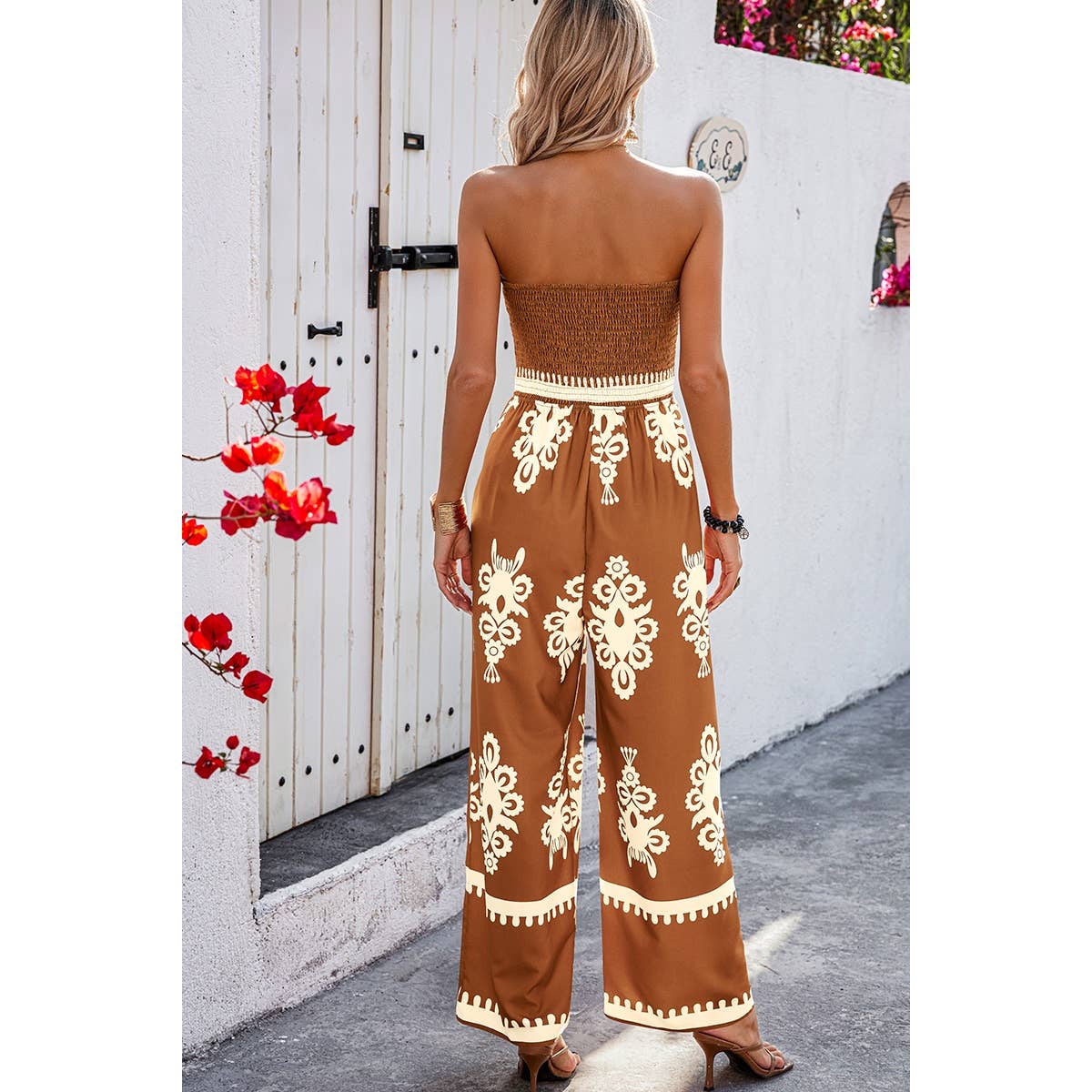 Off Shoulder Ruched Printed High Waist Jumpsuit