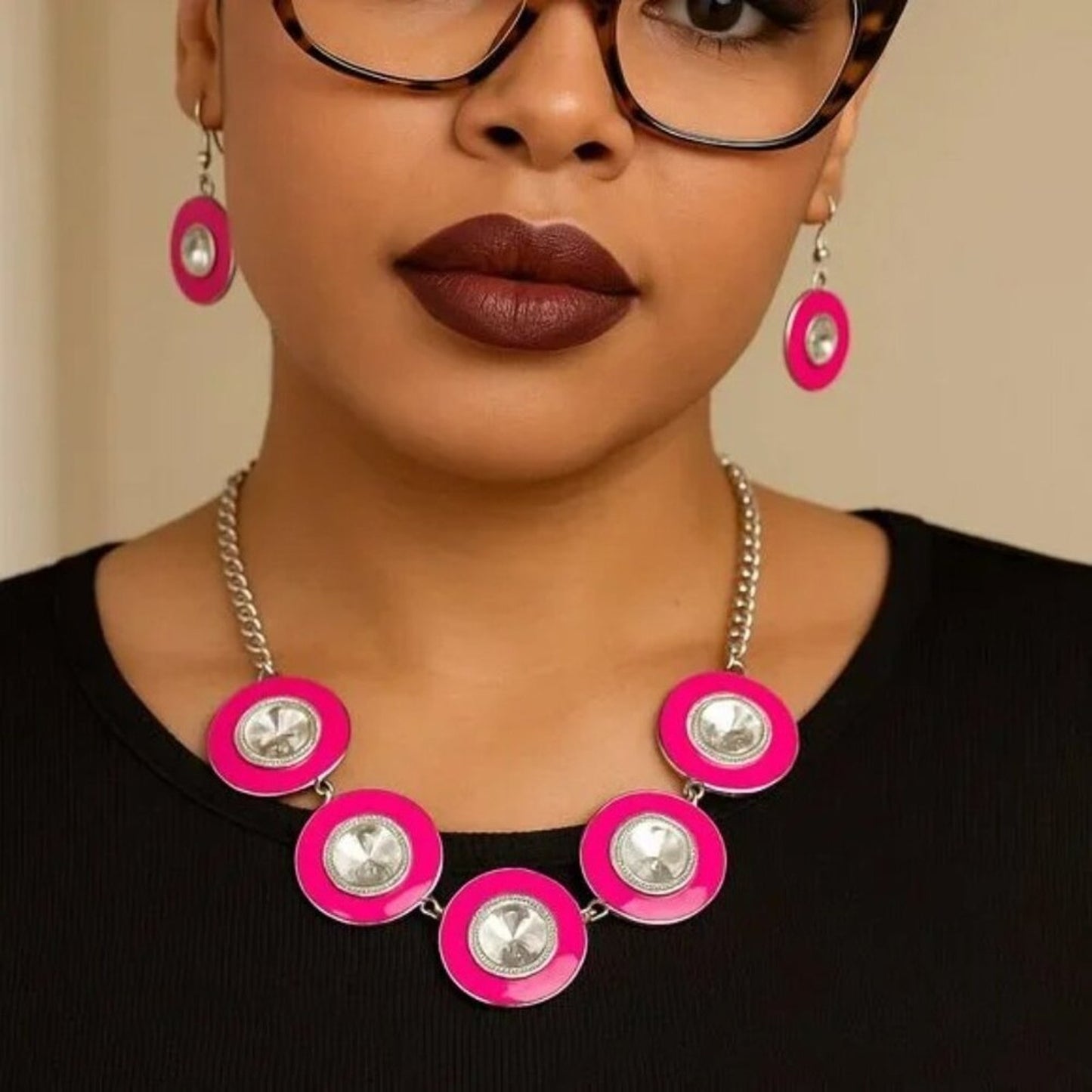 Hot Pink & Silver Rhinestone Jewelry Set – Necklace, Earrings, Bracelet & Ring