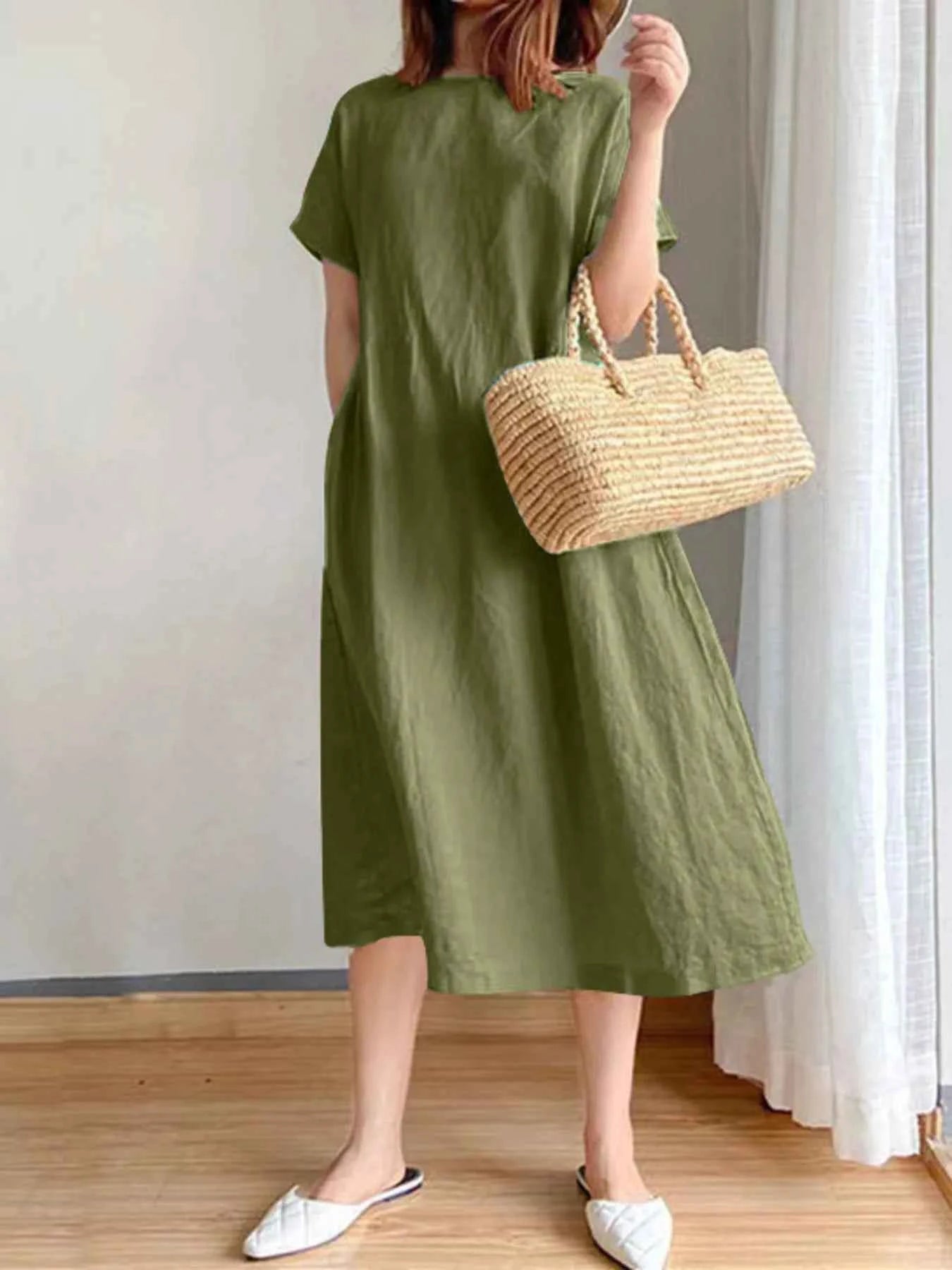 Full Size Casual Round Neck Midi Dress Plus Size