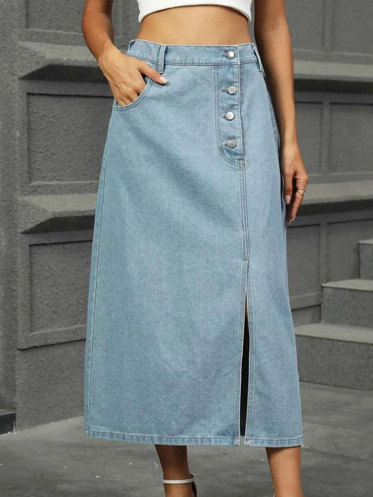 Slit Button Detail Denim Midi Skirt