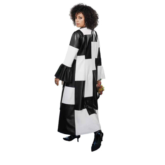 Monochrome Power: Faux Leather Colorblock Zip-Up Maxi Dress – Size 10