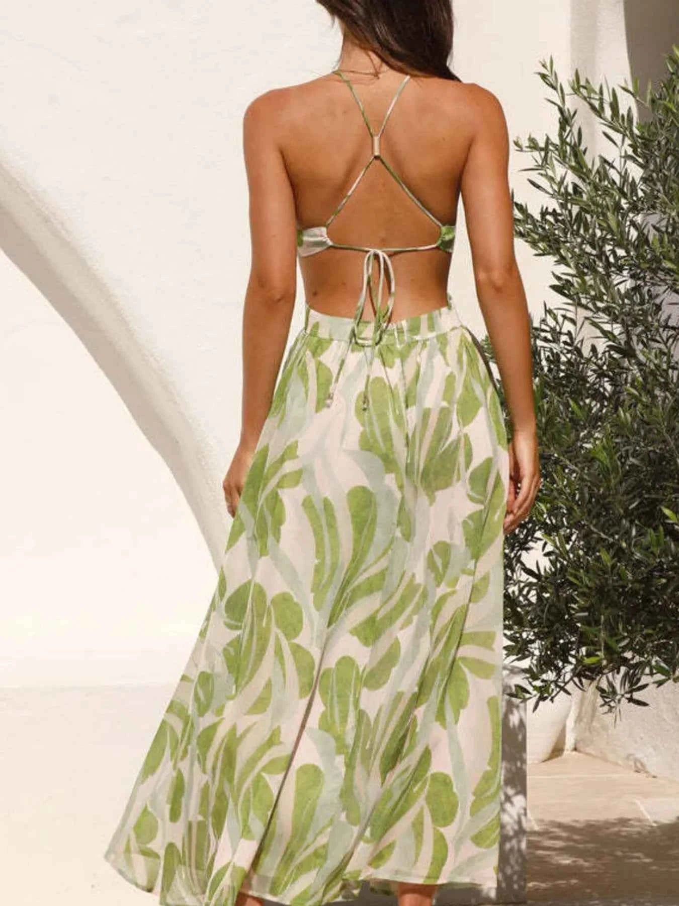 Tropical Print Backless Maxi Sleeveless Dress