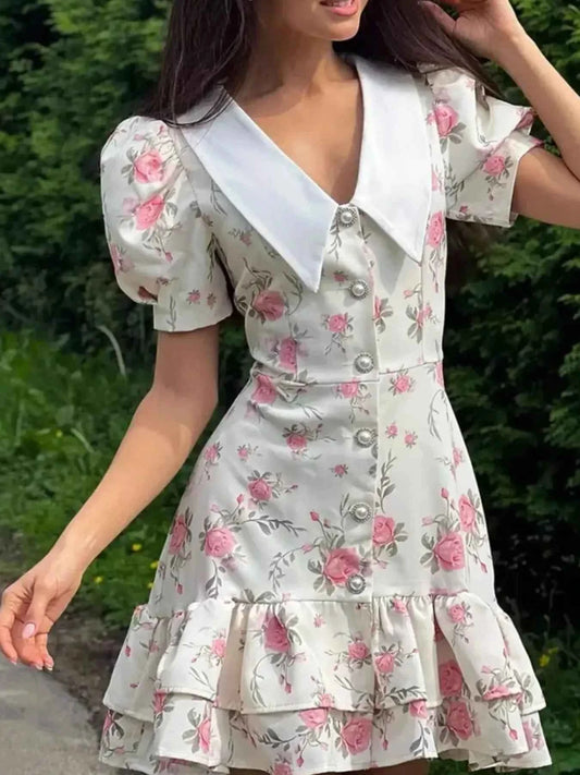 Floral Print Button-Front Ruffle Hem Dress