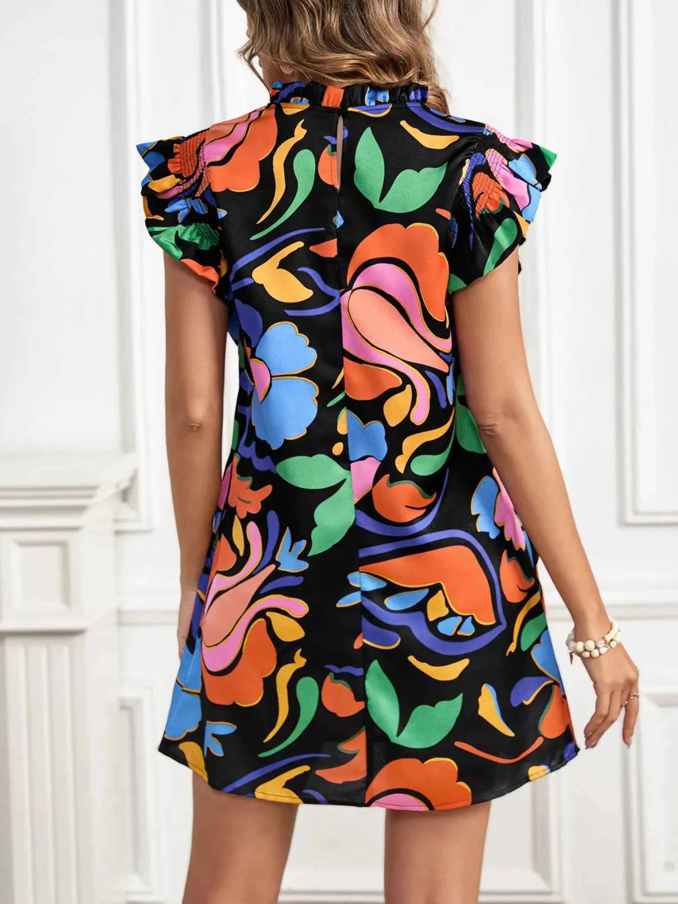 Printed Ruffle Sleeve Mini Dress