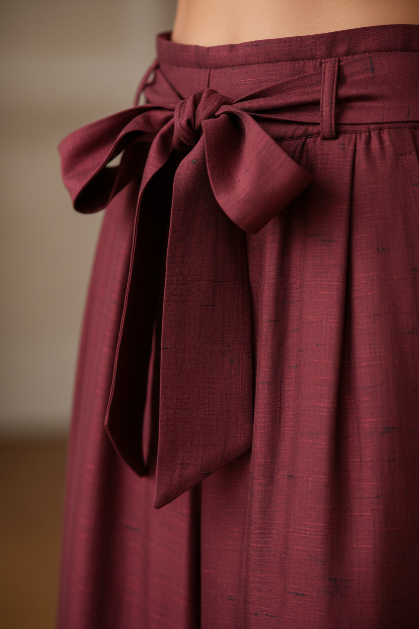 Burgundy Palazzo Pants Tie Waist Detail