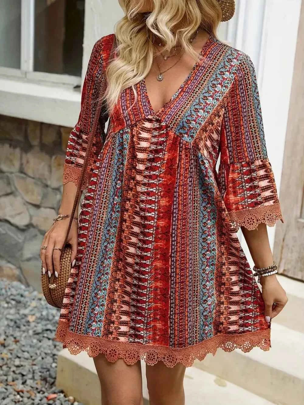 Lace Trim Printed V-Neck 3/4 Sleeve Dress
