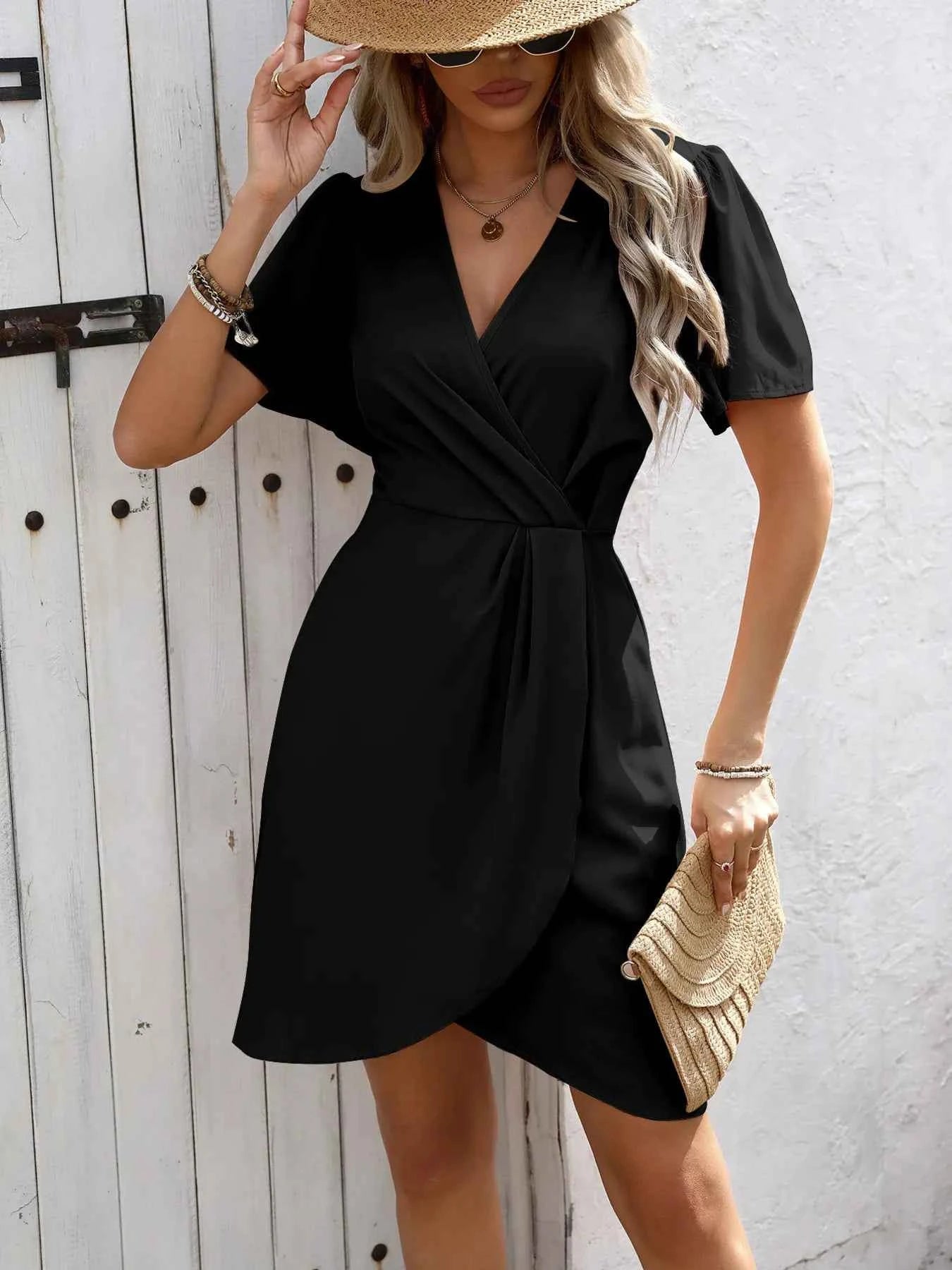 Surplice Short Sleeve Mini Dress