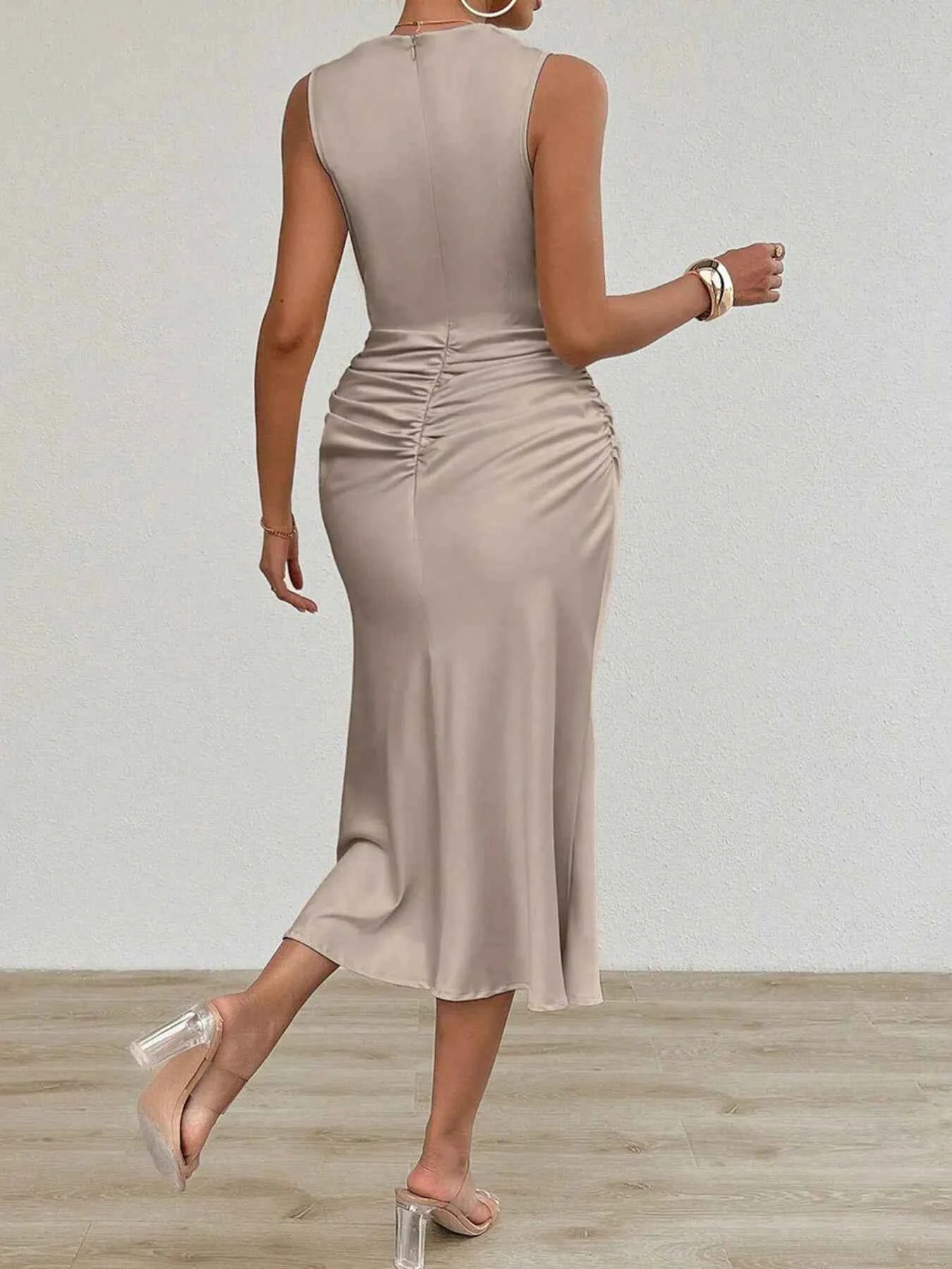 Ruched Round Neck Sleeveless Midi Dress