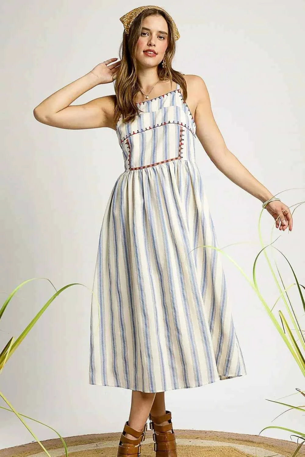 Umgee Striped Colorful Embroidered Trim Cami Dress
