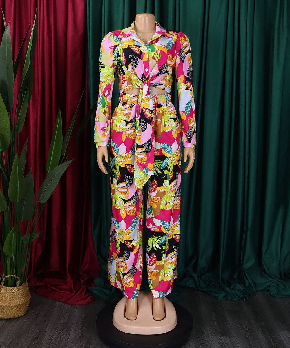 Vibrant Printed Two-Piece Lapel Lace-Up Shirt Wide-Leg Pant Suit