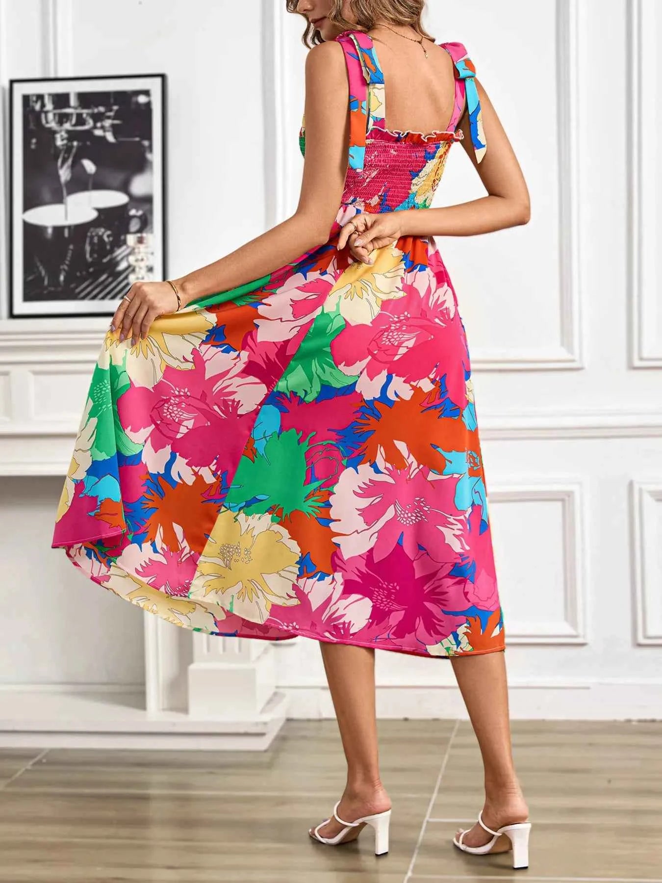 Smocked Printed Tie Shoulder Midi Dress