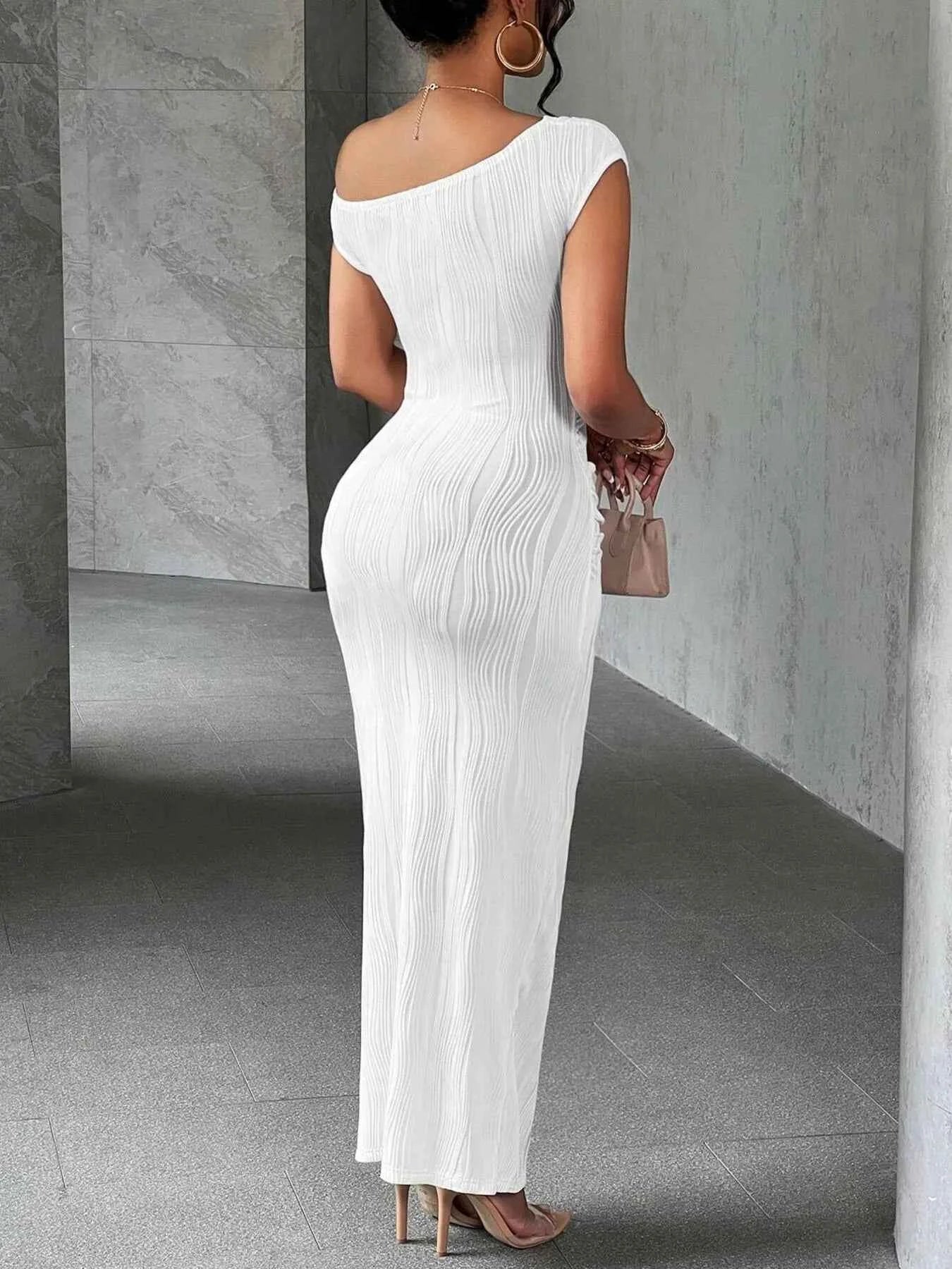 Textured Single Shoulder Bodycon Maxi Dress