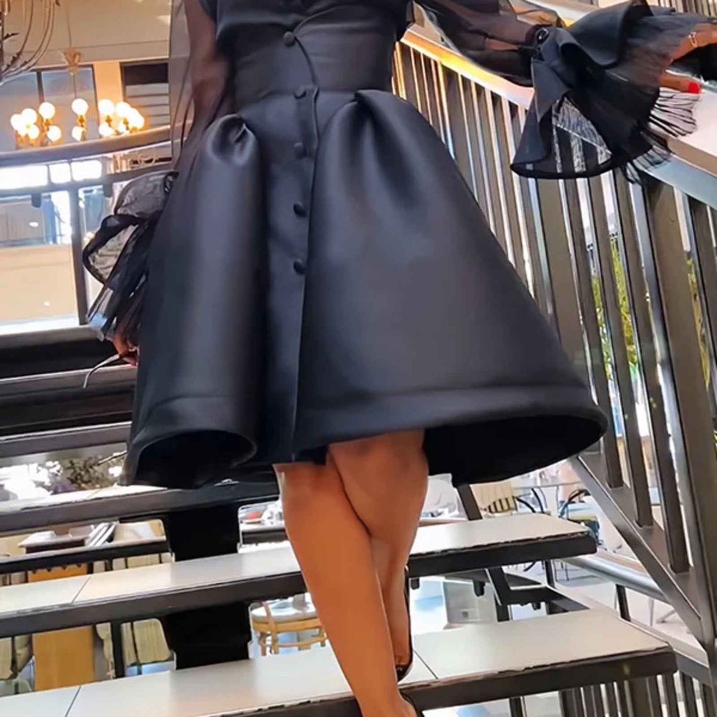 Stylish Black Mesh with Sheer Bell Sleeves Blouse Skirt Set
