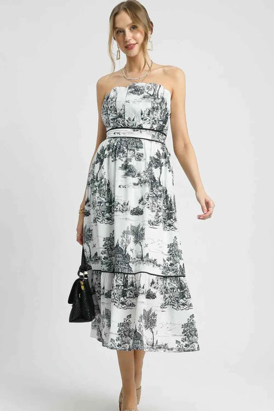 Umgee Printed Tiered Tube Midi Dress