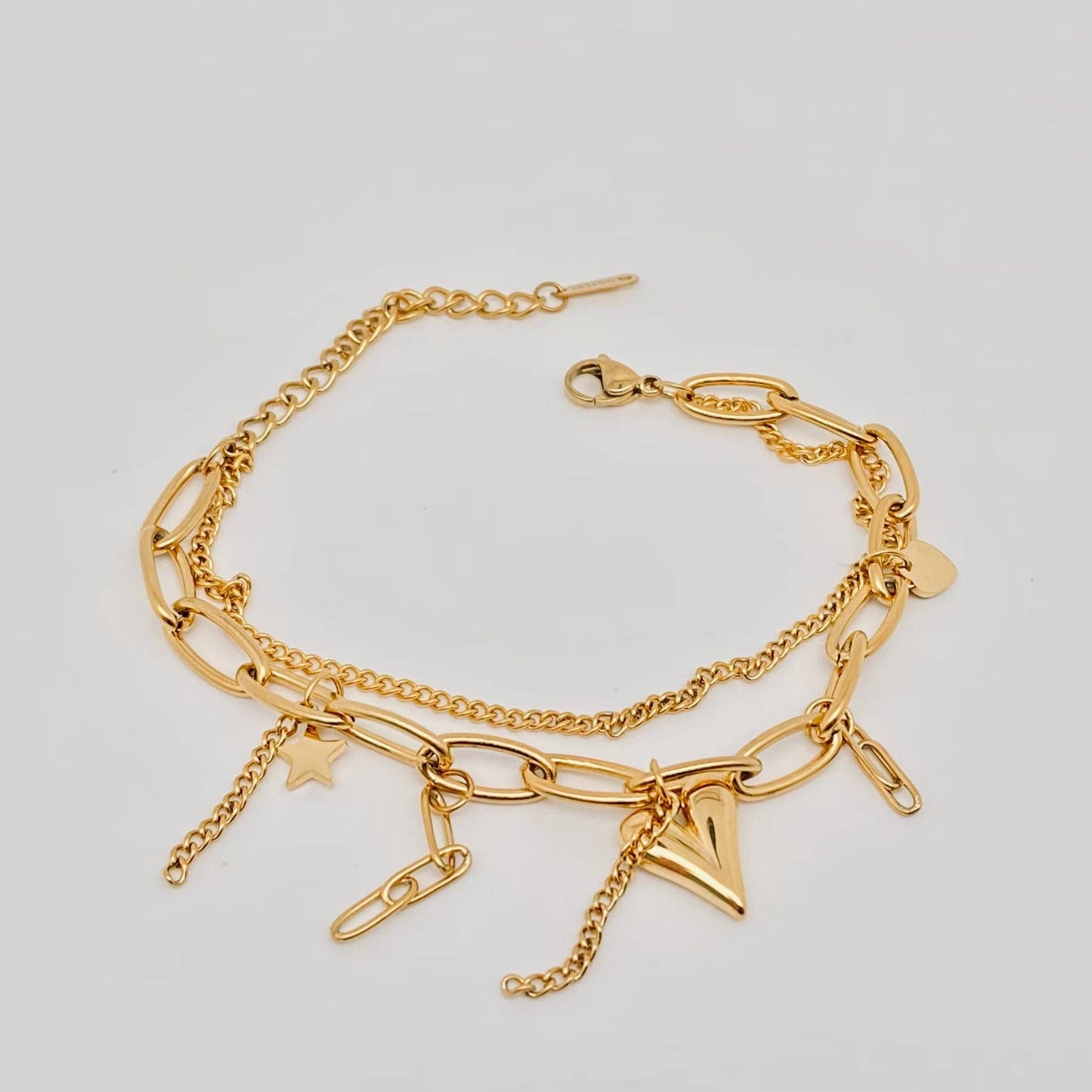 Star Heart Charm 18K Gold Plated Double Chain Bracelet