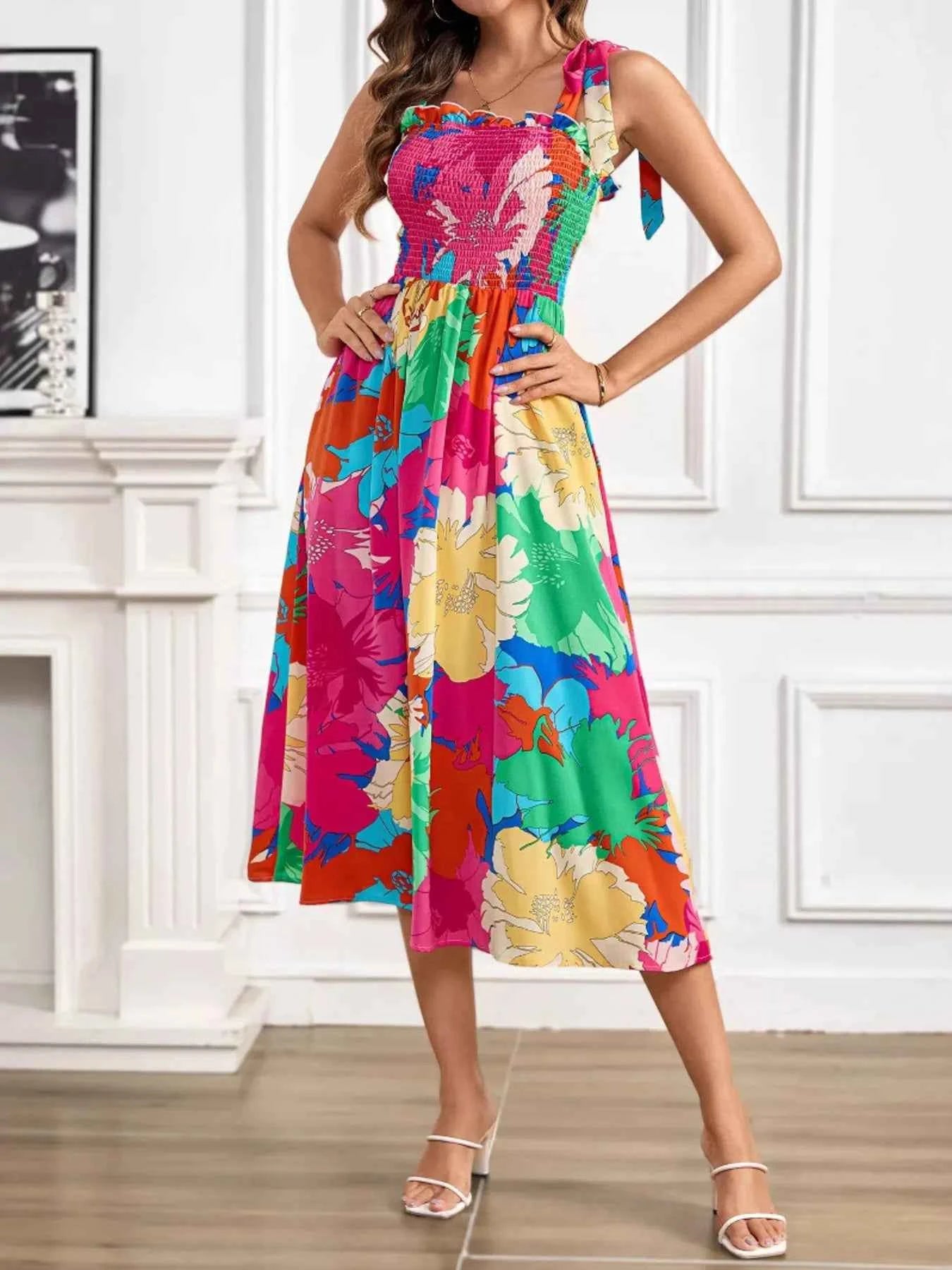 Smocked Printed Tie Shoulder Midi Dress