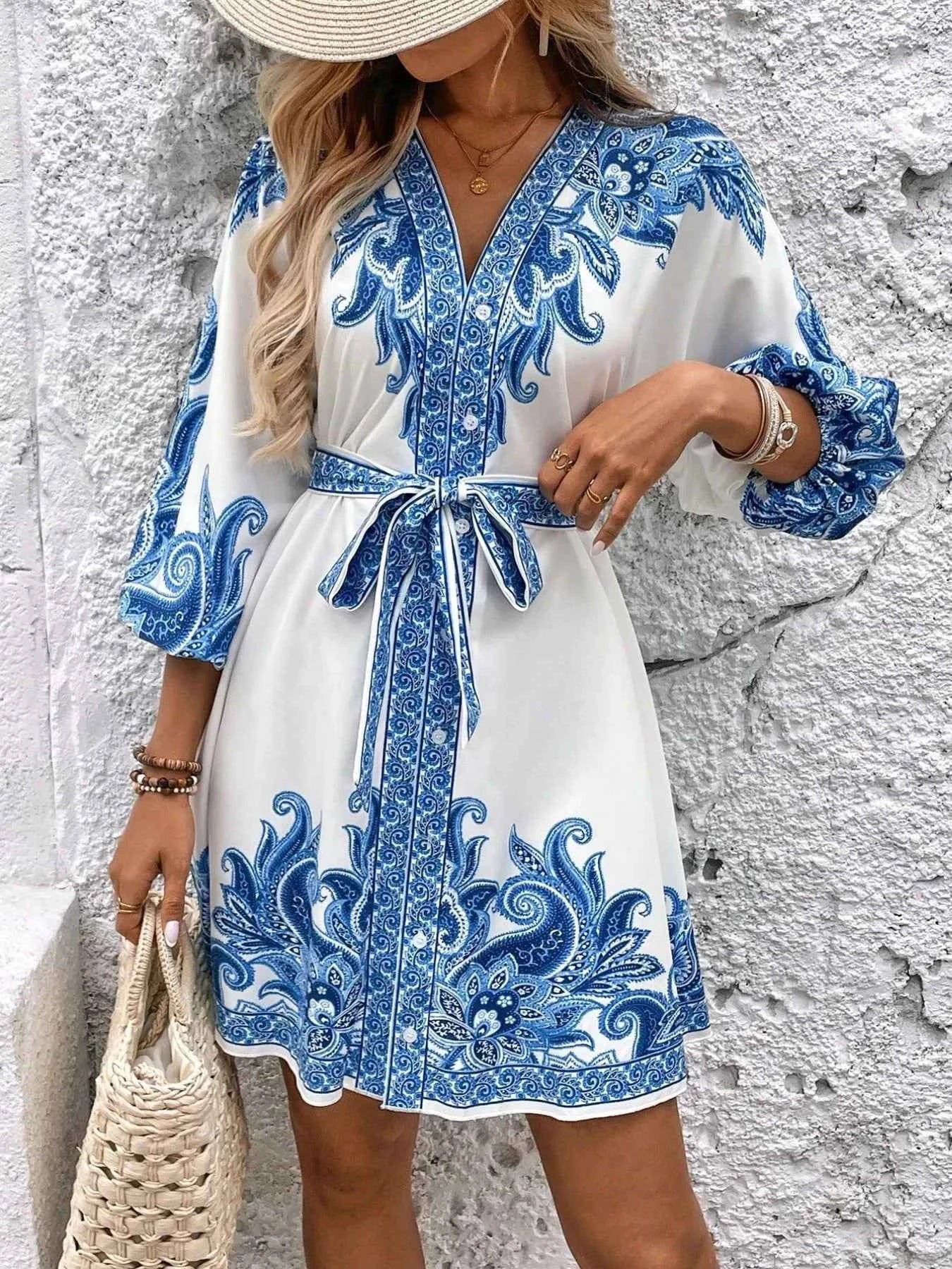 Printed V-Neck Balloon Sleeve Mini Dress