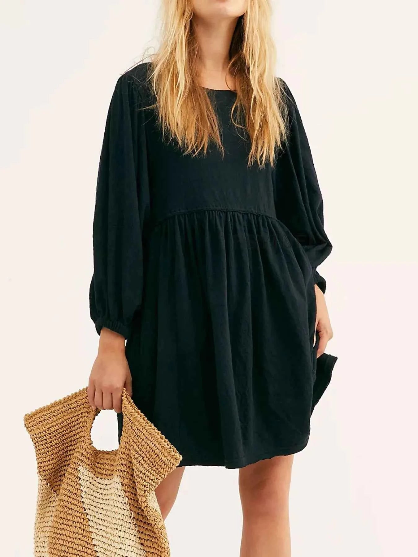 Relaxed Textured Babydoll Mini Dress with Back Keyhole Detail