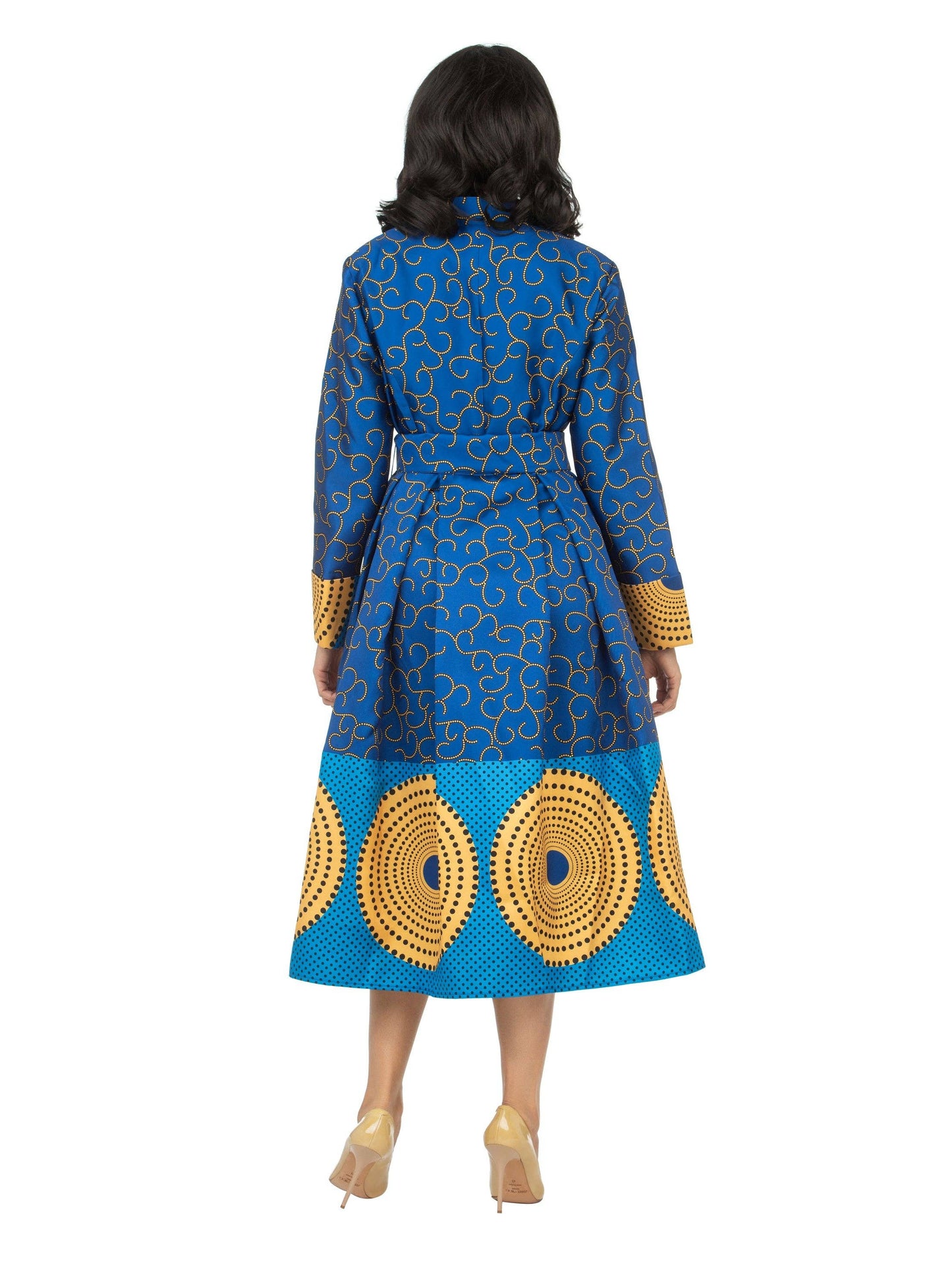 Giovanna Stand Collar A-Line Royal Print Dress w/ Belt
