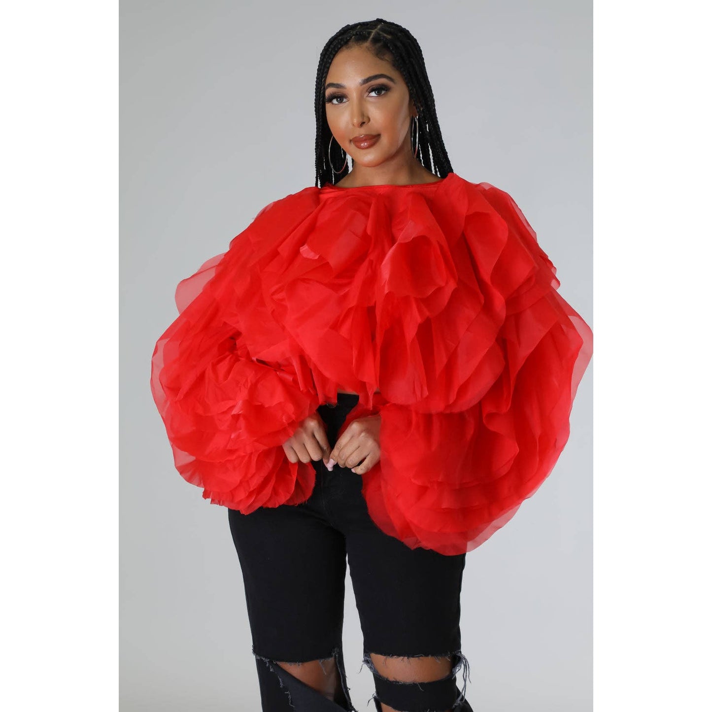 Plus Long Sleeve Ruffle Tulle Crop Top Blouse
