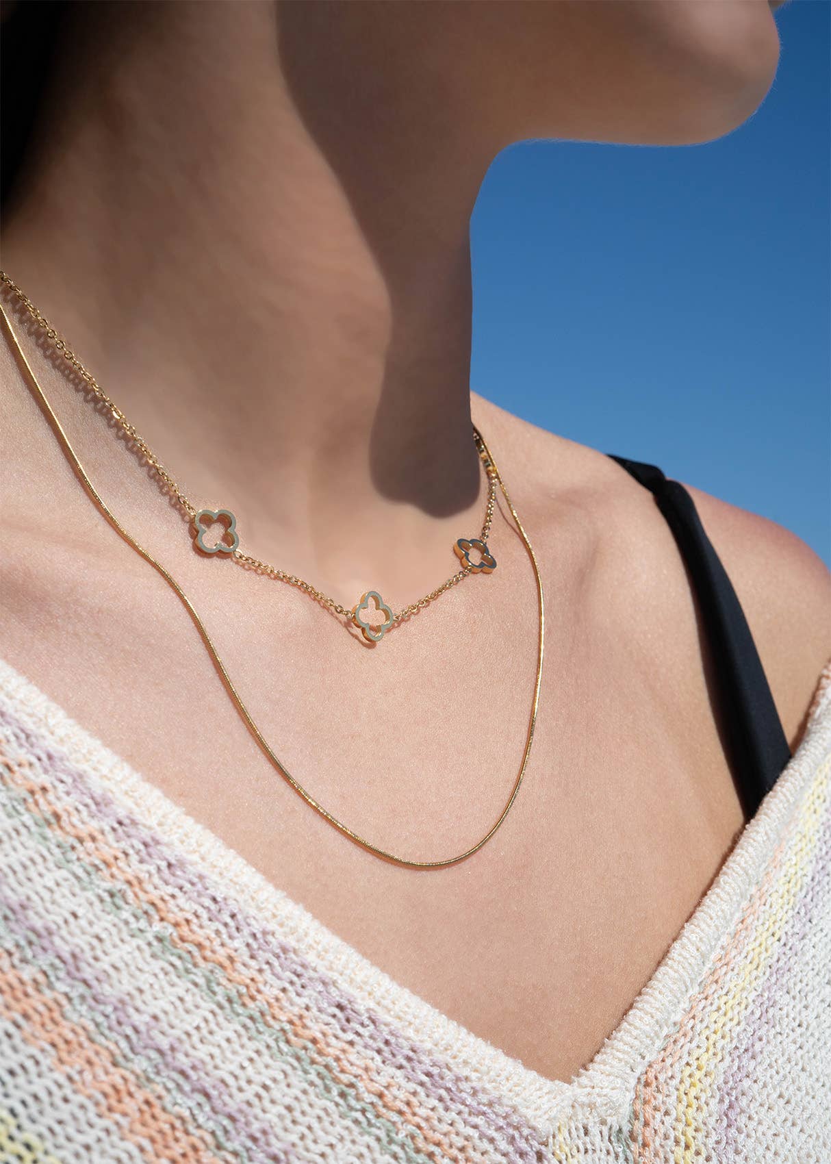 18K Gold PVD Stainless Steel Layered Clover Charm Necklace