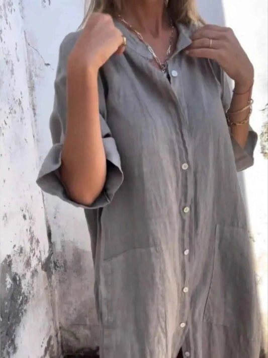 Full Size Casual Linen Button-Down Shirt Dress Plus Size
