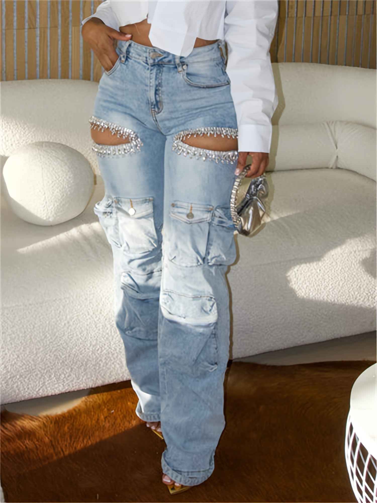High-Rise Rhinestone-Embellished Women's Cargo Jeans | (Copy)