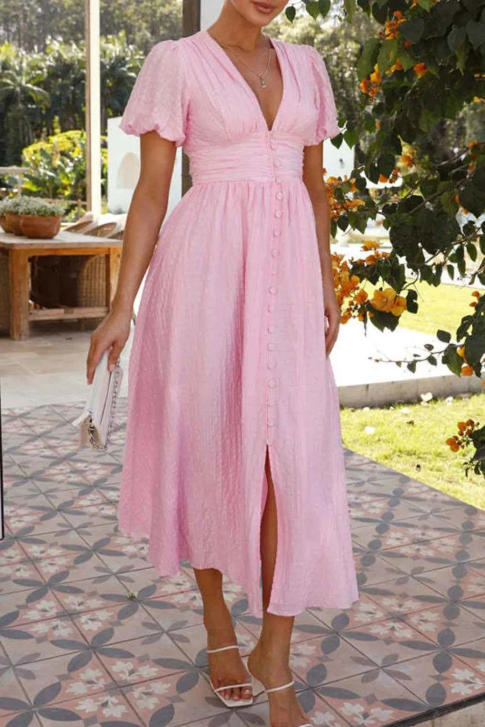 V-Neck Puff Short Sleeve Midi Dress