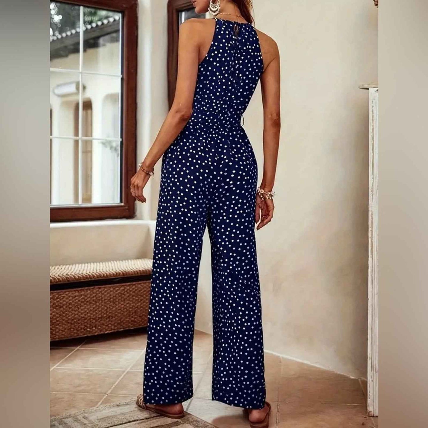Elegant Geometric Halter Neck Culottes Wide Leg Jumpsuit, Versatile Sleeveless