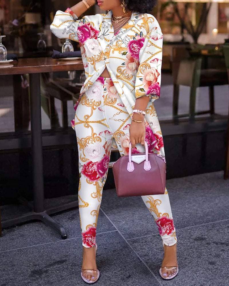 Print lantern sleeve top high waist pants set