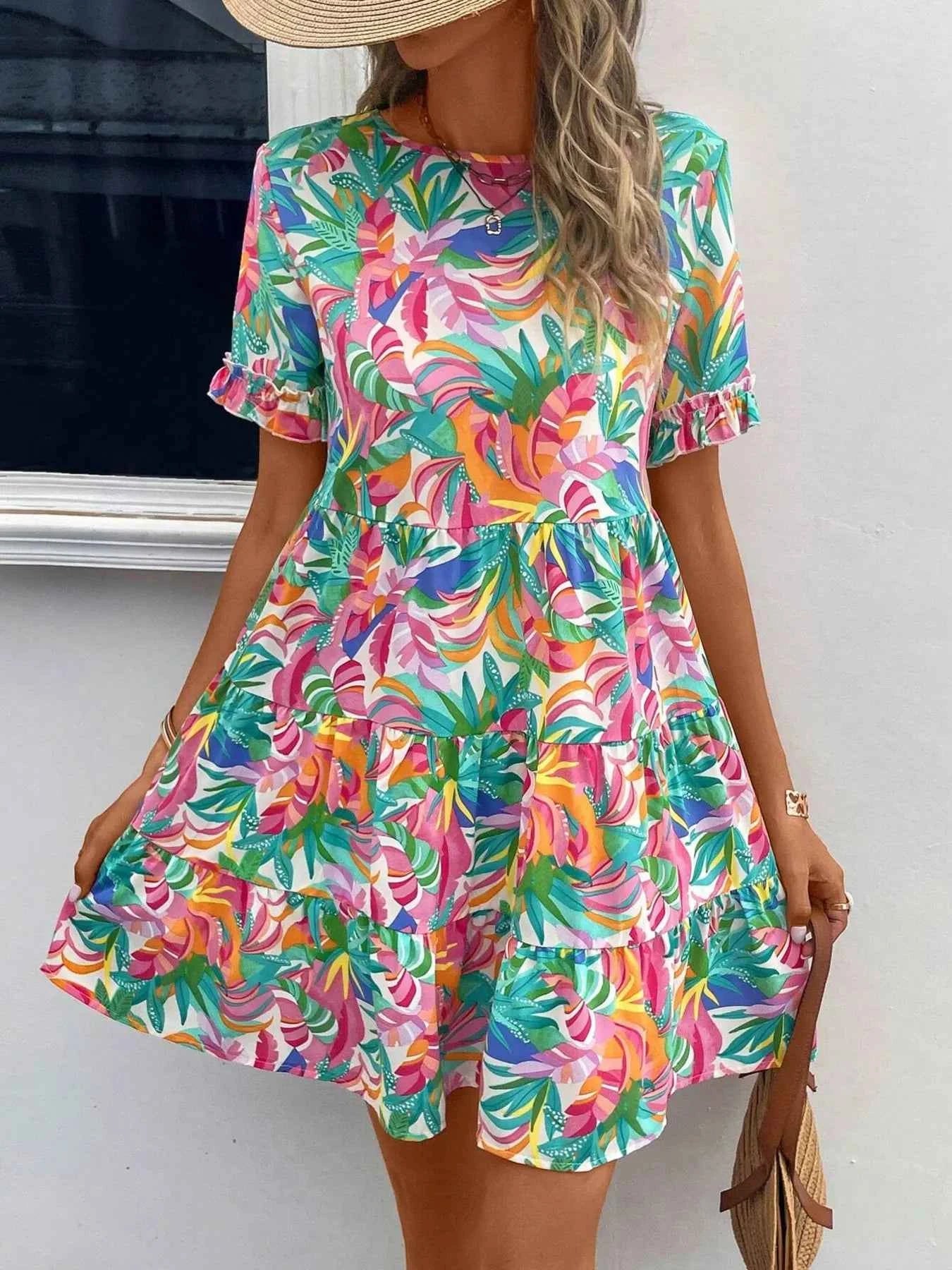 Printed Round Neck Short Sleeve Dress