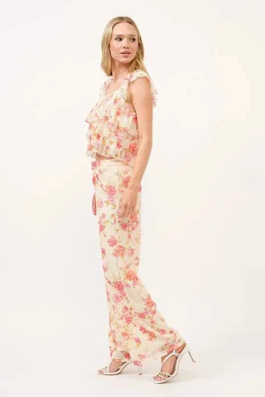 And The Why Tiered Ruffled Floral Fishnet Top