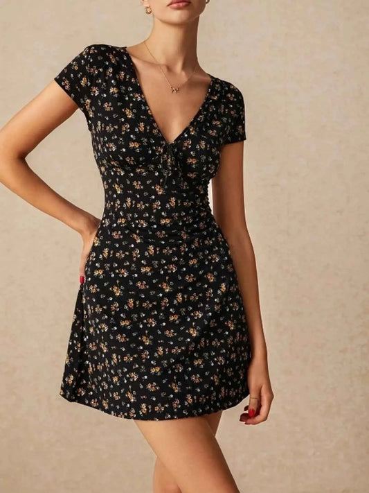 Floral V-Neck Short Sleeve Mini Dress
