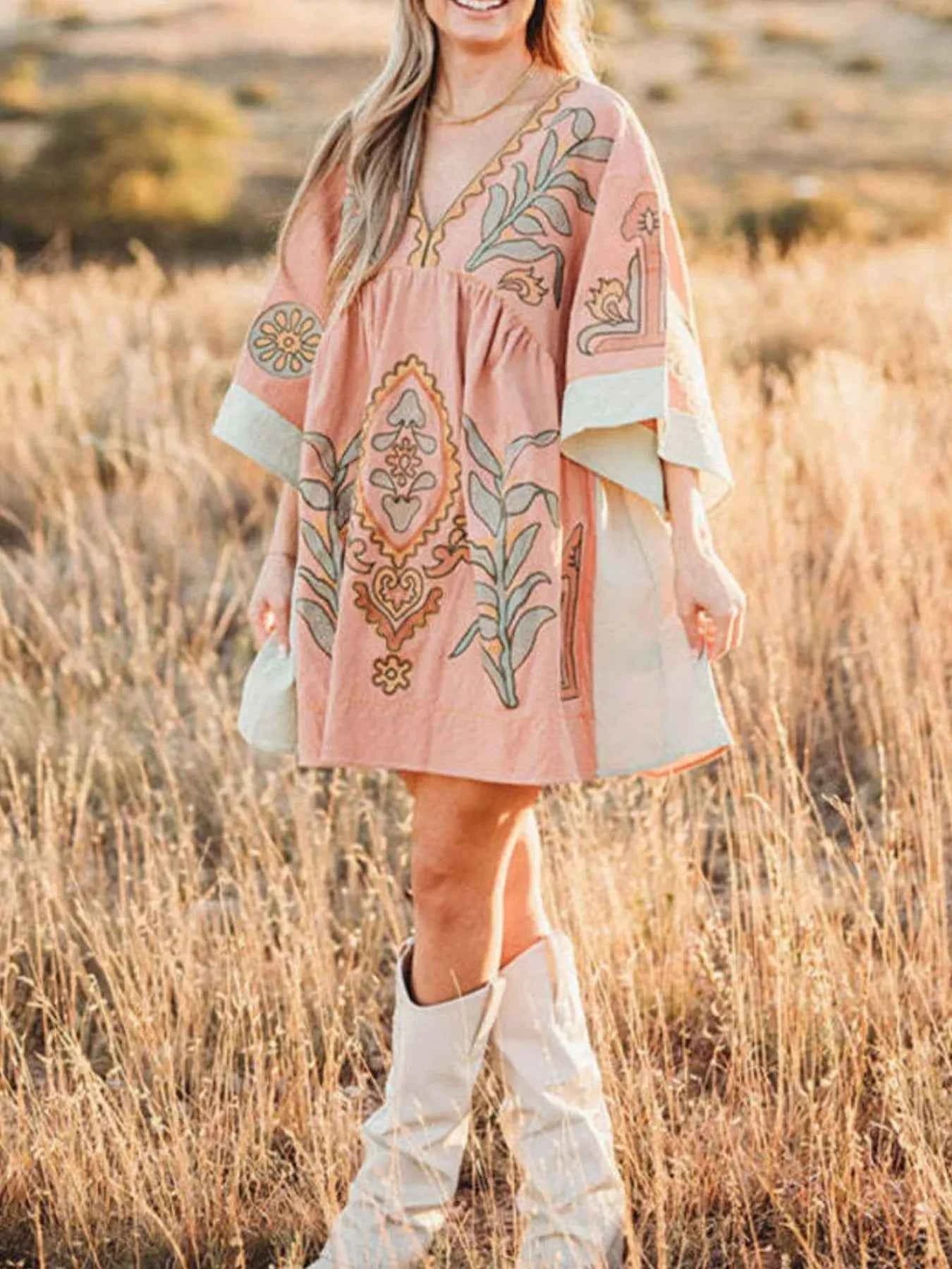 Printed V-Neck Kimono Sleeve Mini Dress