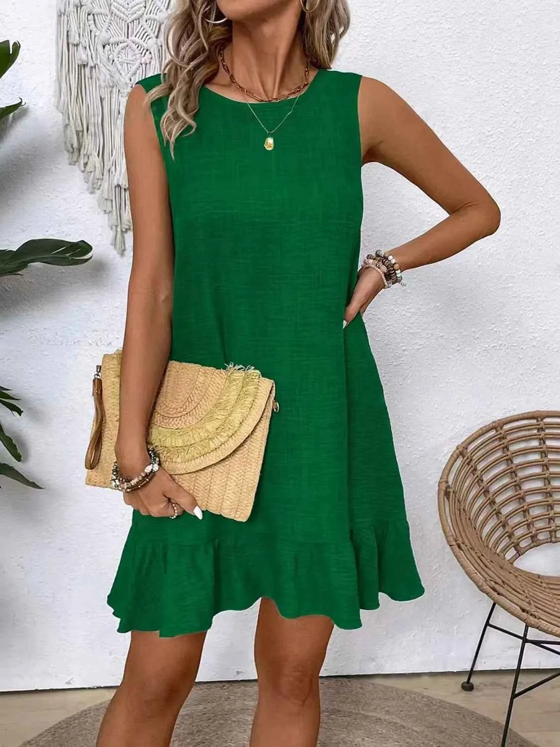 Ruffled Hem Round Neck Sleeveless Dress