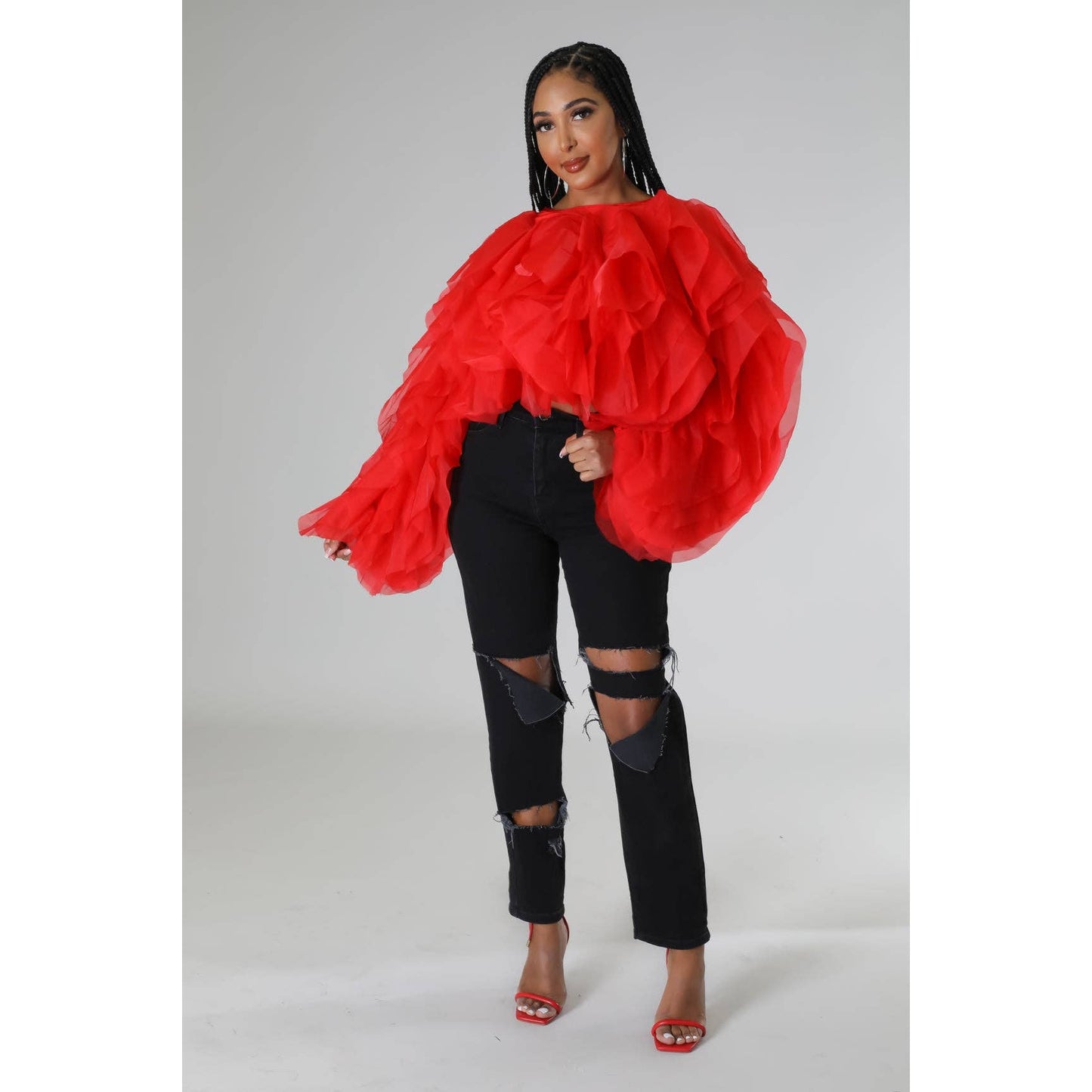 Plus Long Sleeve Ruffle Tulle Crop Top Blouse