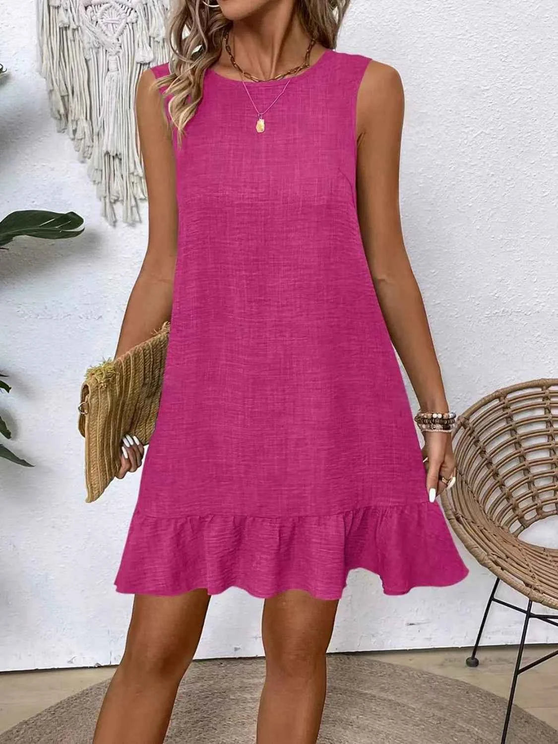 Ruffled Hem Round Neck Sleeveless Dress