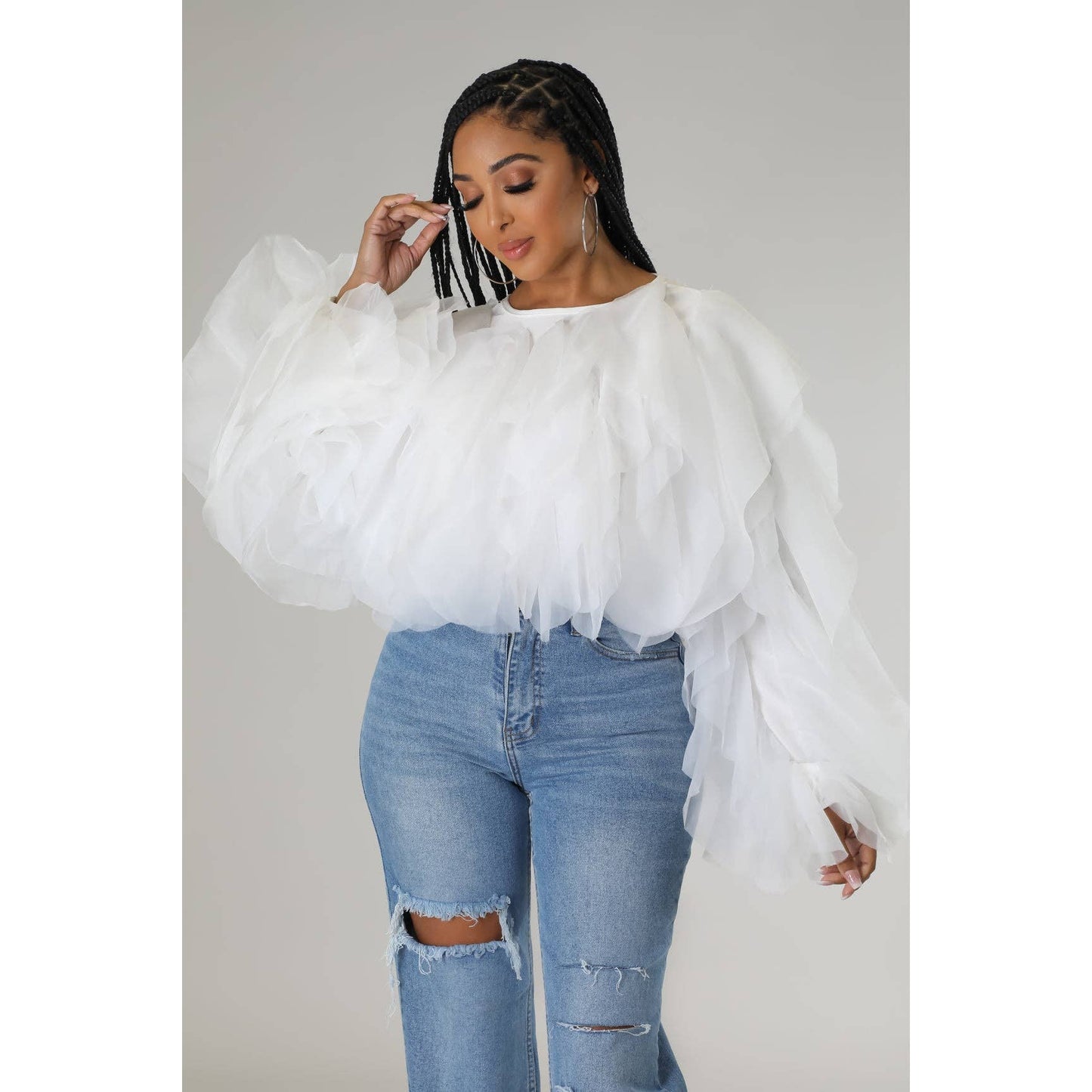 Plus Long Sleeve Ruffle Tulle Crop Top Blouse