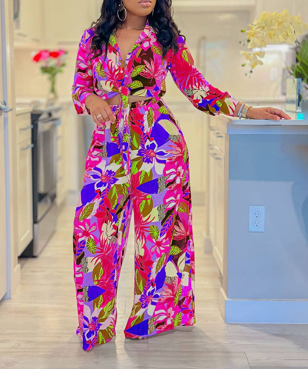 Vibrant Printed Two-Piece Lapel Lace-Up Shirt Wide-Leg Pant Suit