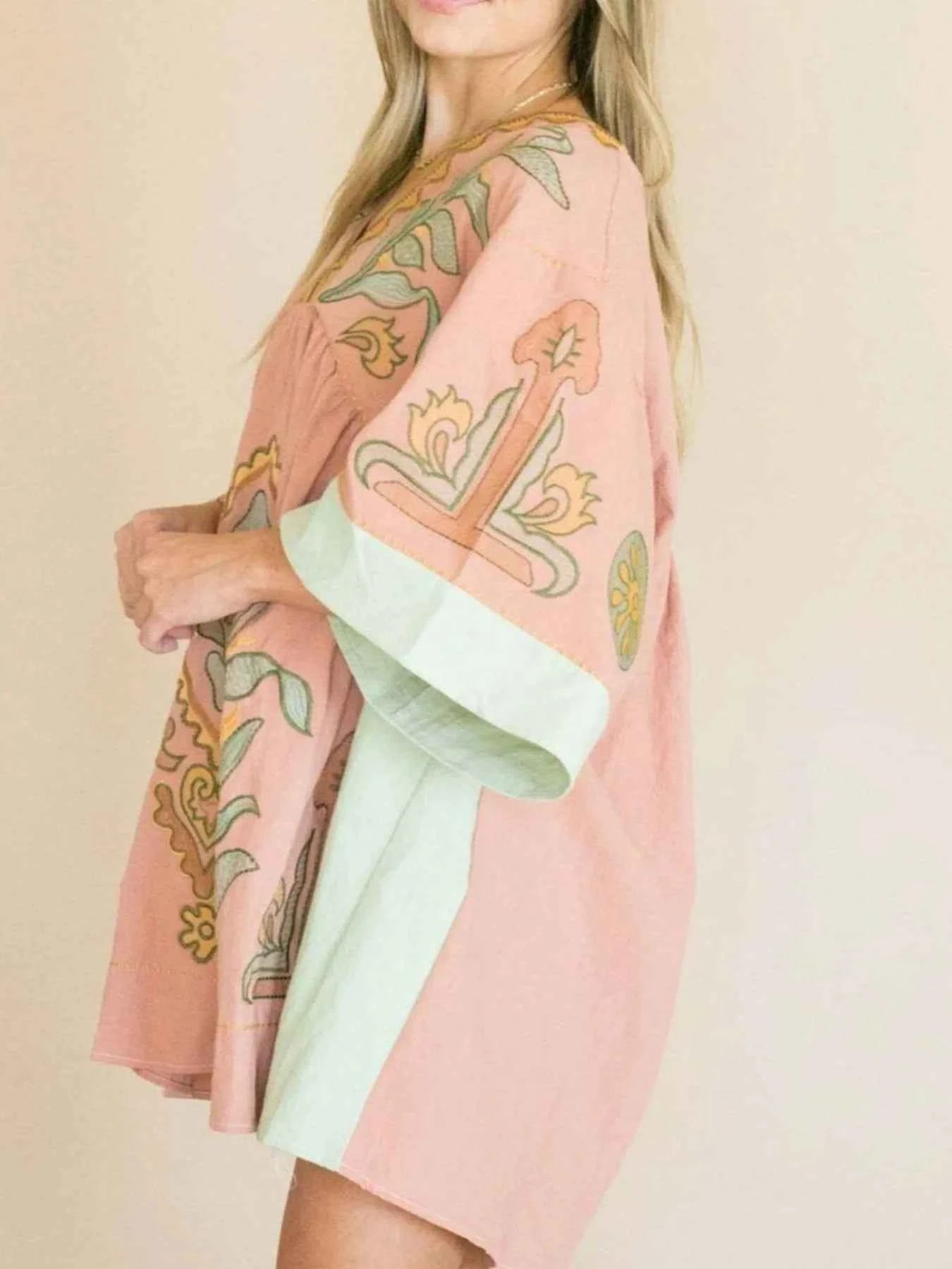 Printed V-Neck Kimono Sleeve Mini Dress