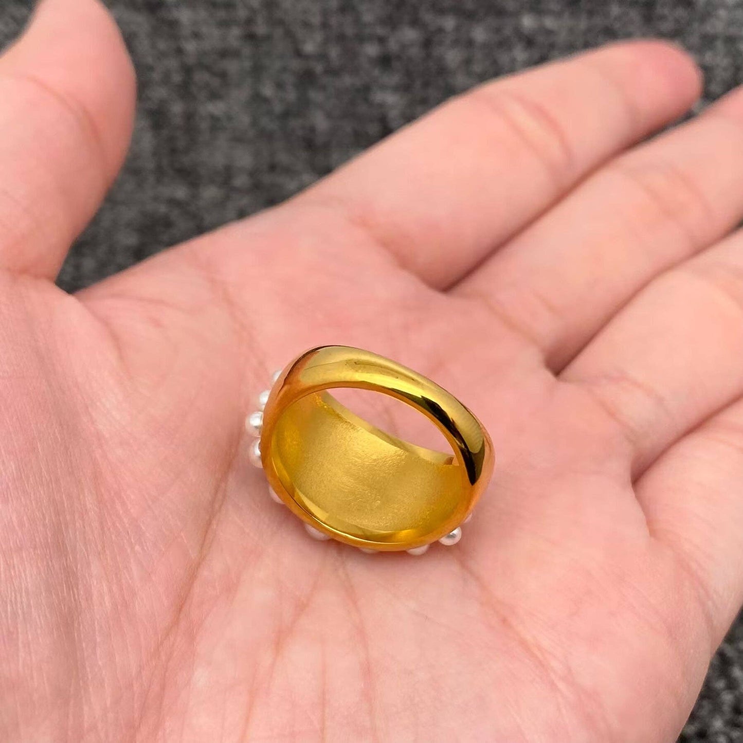 Inlay Pearls & CZ 18K Gold Plated Stainless Steel Ring