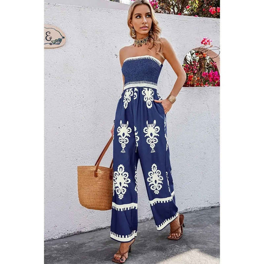 Blue Boho Off Shoulder Ruched Printed High Waist Wide Leg Jumpsuit