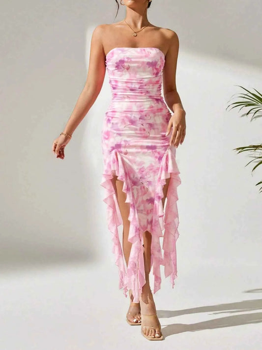 Tie-Dye Strapless Ruffle Hem Dress