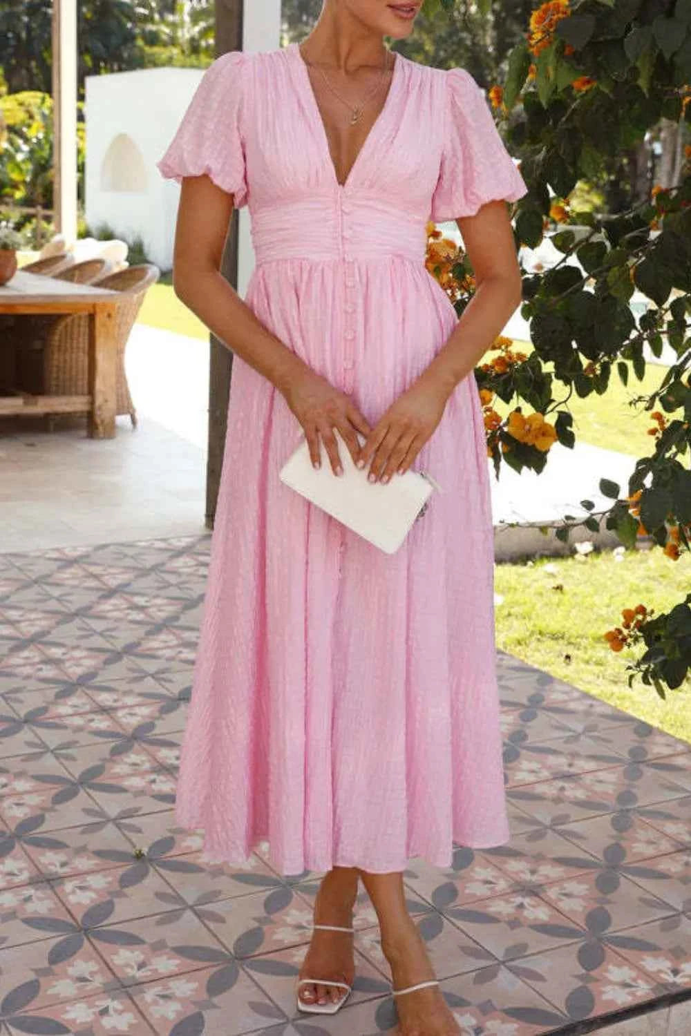 V-Neck Puff Short Sleeve Midi Dress