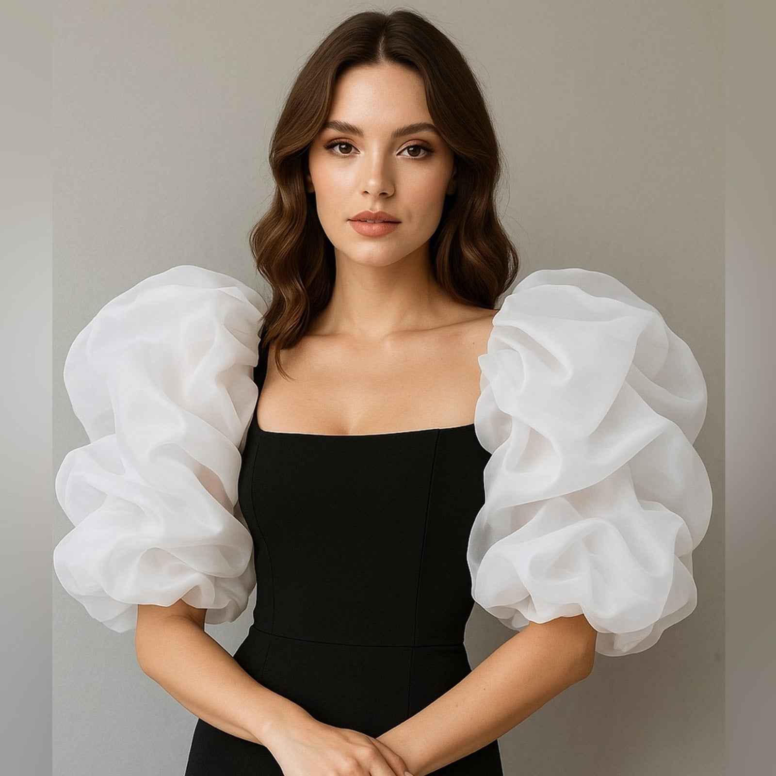 White Organza Couture Puff Sleeve Bridal Top – Dramatic Wedding Statement Piece