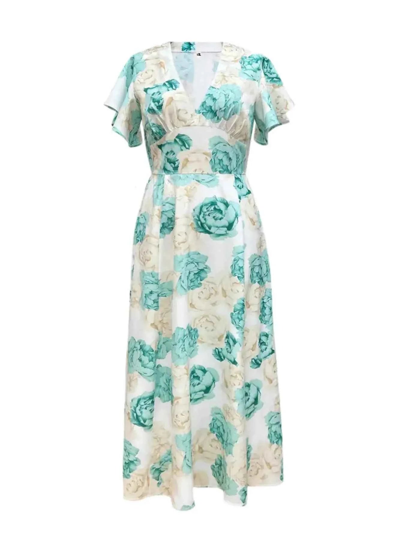 Plus Size Floral Print V-Neck Maxi Dress with Flutter Sleeves