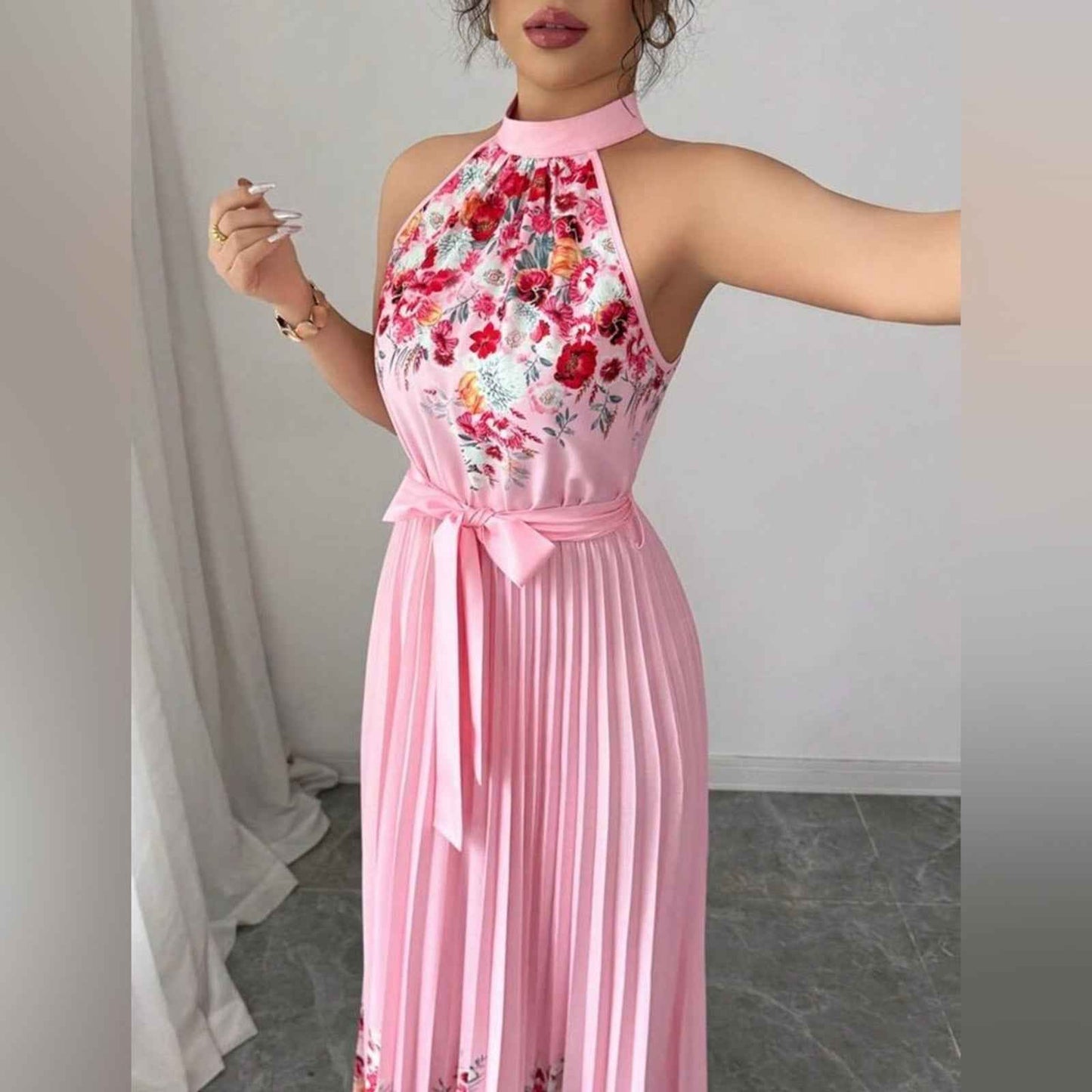 Blush Pink Pleated Floral Halter Dress | Wedding Guest Party Maxi Dress