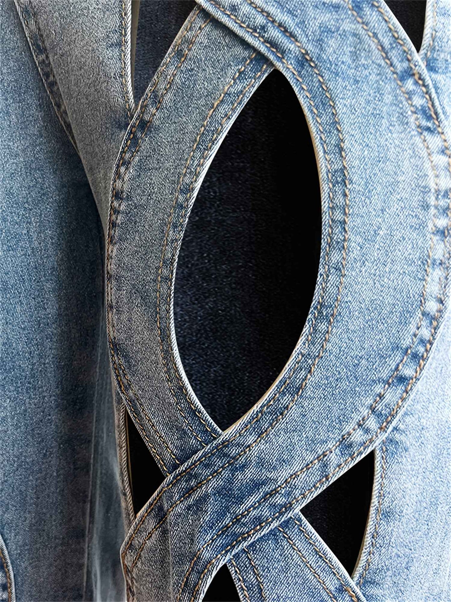 High-Waisted Distressed Denim Jeans - Sexy Hollow-Out Design