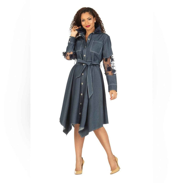 Style by Giovanna Elegant Blue Denim Dress with Sheer Sleeves